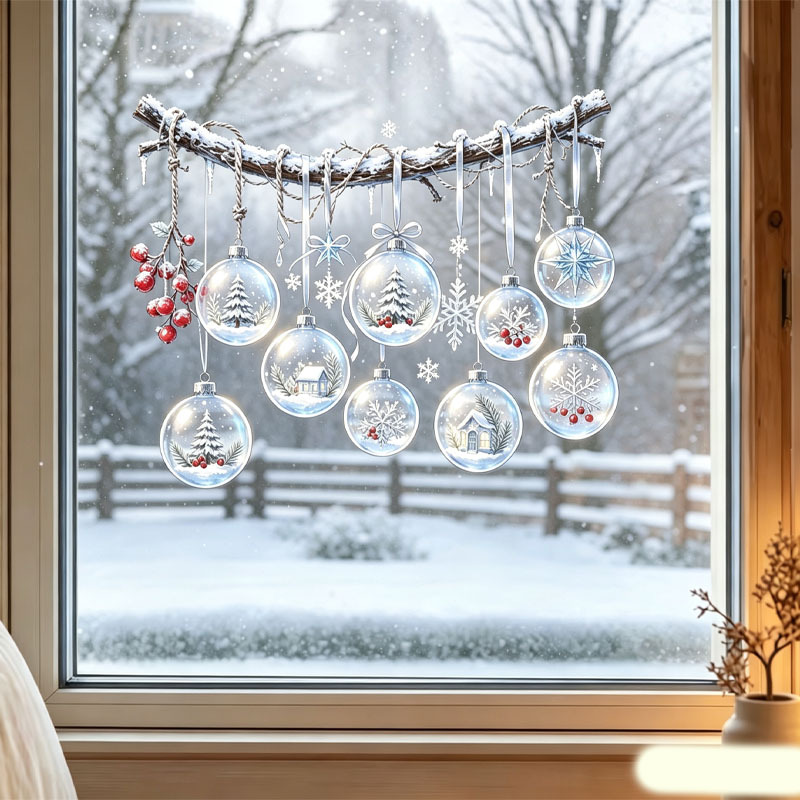 TEMU 1pc. Christmas Static Window Cling Branches Hanging Transparent Christmas Ornaments Window Flowers Snowflakes Red Berries Glass Stickers Holiday
