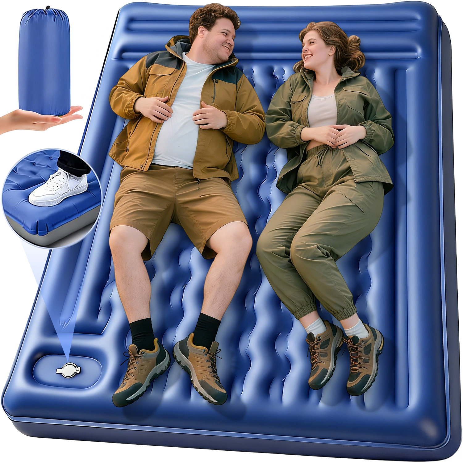 Inflating Air Mattress For 2 People Built-in Foot Pump Portable For Camping Hiking Fishing