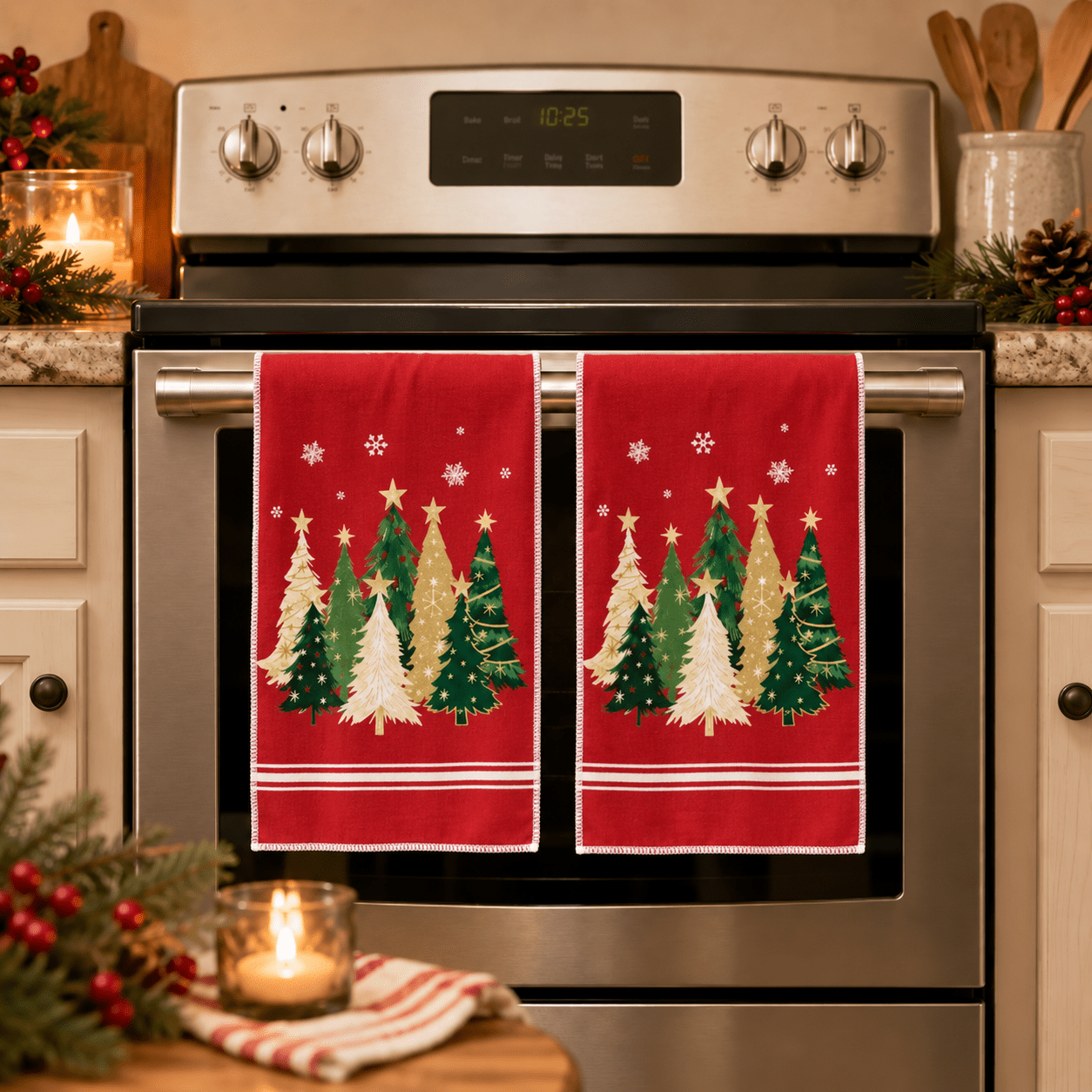TEMU 2 Red Background With Golden Christmas Tree Kitchen Towels, Scouring Pads, Dishcloths, Decorative Kitchen And Dining Table Supplies, Christmas