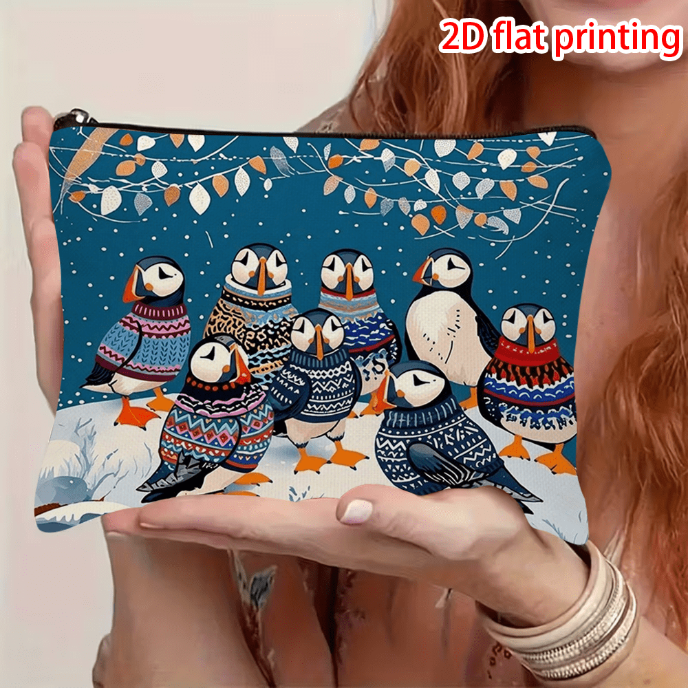 TEMU 1 sac à cosmétiques 2D à impression plate avec motif de puffin, bleu et blanc, en tissu durable avec fermeture éclair, idéal pour les voyages ou