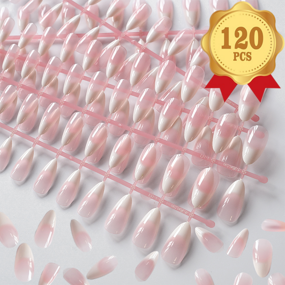 TEMU 120pcs Ombre Pink Almond Press-on Nails - Glossy Gradient Nude Fake Nails, Full Cover False Nails For Women, Perfect For Parties, Weddings &
