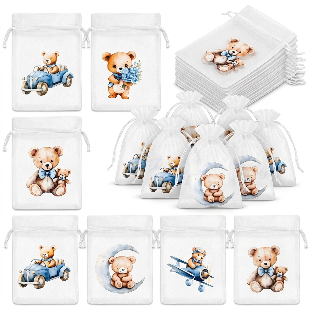 TEMU 24pcs Sacs Cadeaux en Organza Transparente Couleur Aléatoire avec Cordon de Serrage, de Dessin Mignons, Sacs à Bonbons en Légers avec Cordon de