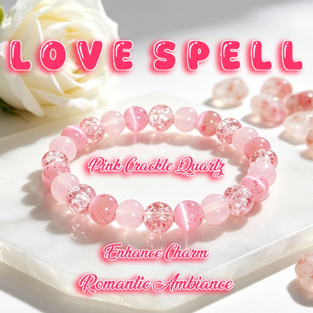 TEMU Cracked And Smooth Rose Quartz Round Bead Elastic Love Bracelet, Natural Stone Stackable Jewelry, Elegant Accessory For Women' Wear And Gifting