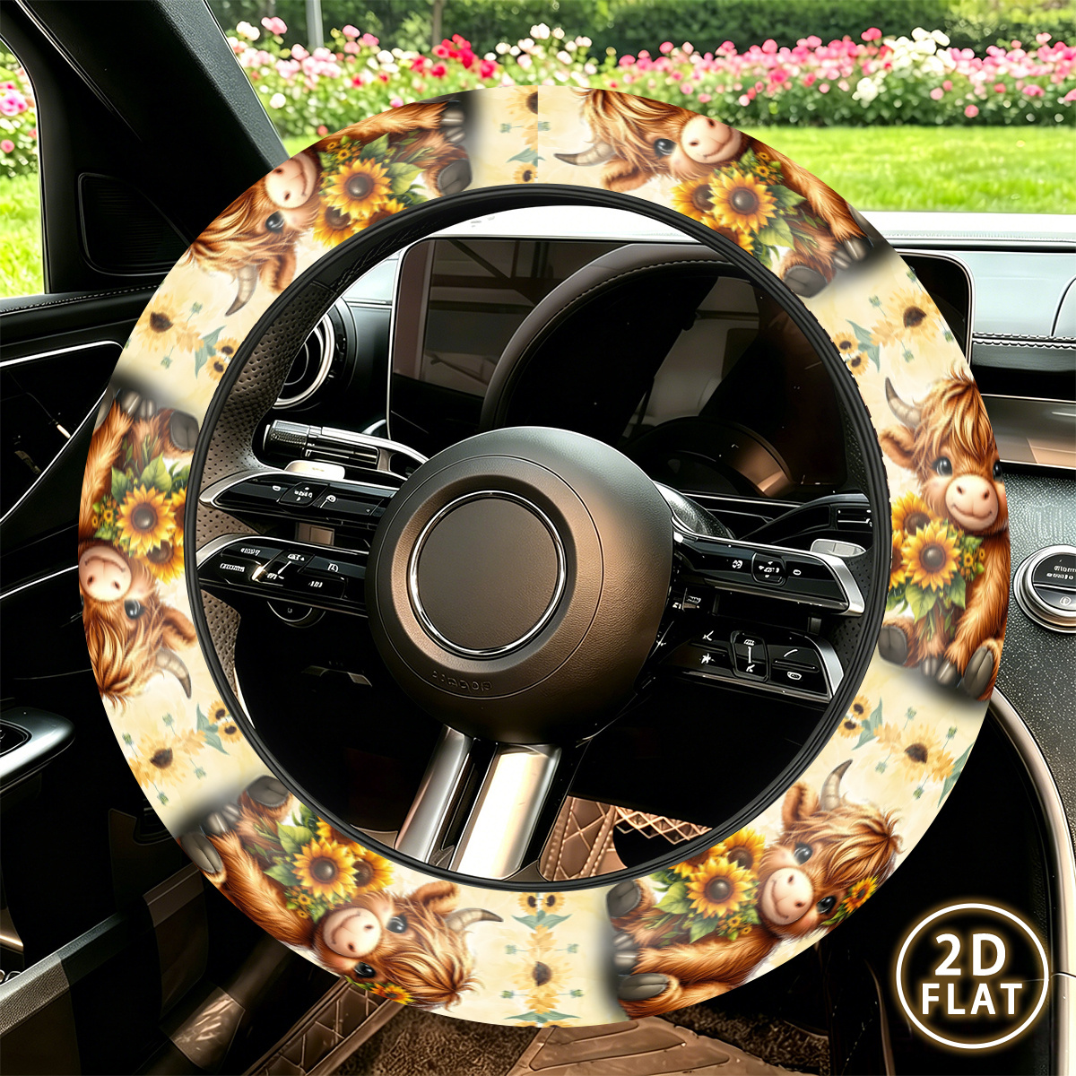 TEMU 2d Flat 1.6x15in, Car Steering Wheel Cover, Sunflower Highland Cow Pattern, 6.11sf, Steering Wheel Protector, Car Interior Accessory, Fits All
