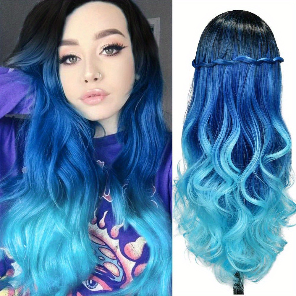 womens long wavy ombre wig middle part blue purple green Temu