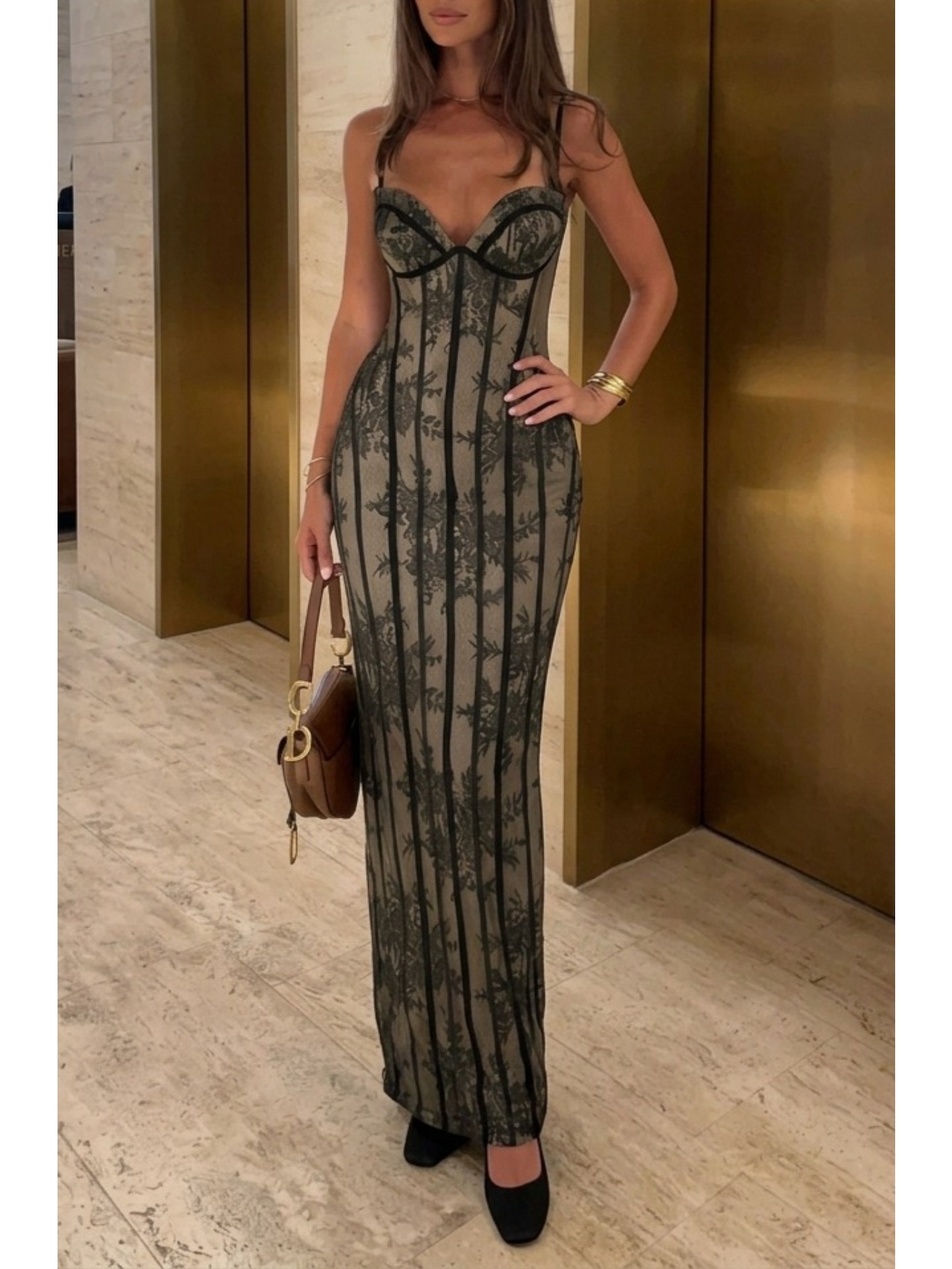 knee length dresses for ladies Black Contrast Lace Top Strappy Bodycon Midi Dress  AX Paris