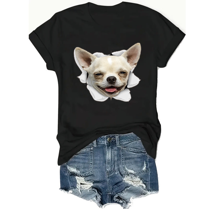 

Happy Chihuahua Dog Womens Oversized T Shirts Crewneck Short Sleeve Summer Tops Casual Plus Size Tee Trendy Outfits