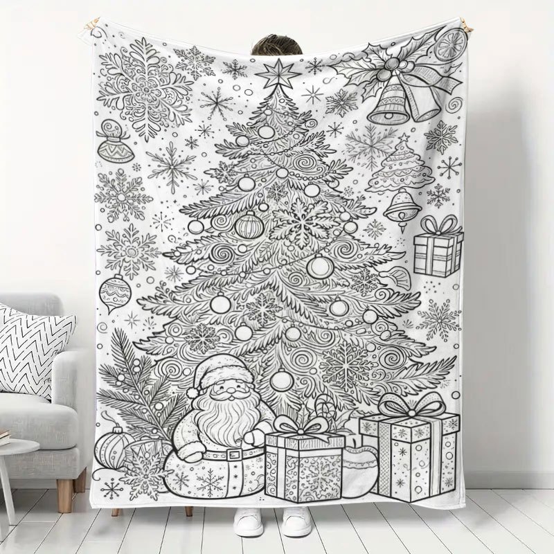 TEMU Christmas-themed Coloring Flannel Blanket With Santa Claus And Snow Tree Patterns, Soft And Warm Nap Blanket, Christmas Gift Home Decoration