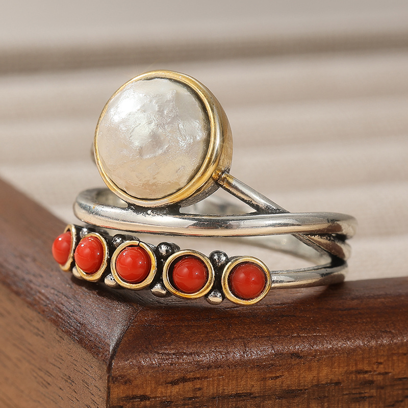 Vintage Red & White Round Bead Copper Ring, Elegant Multi Circle Design