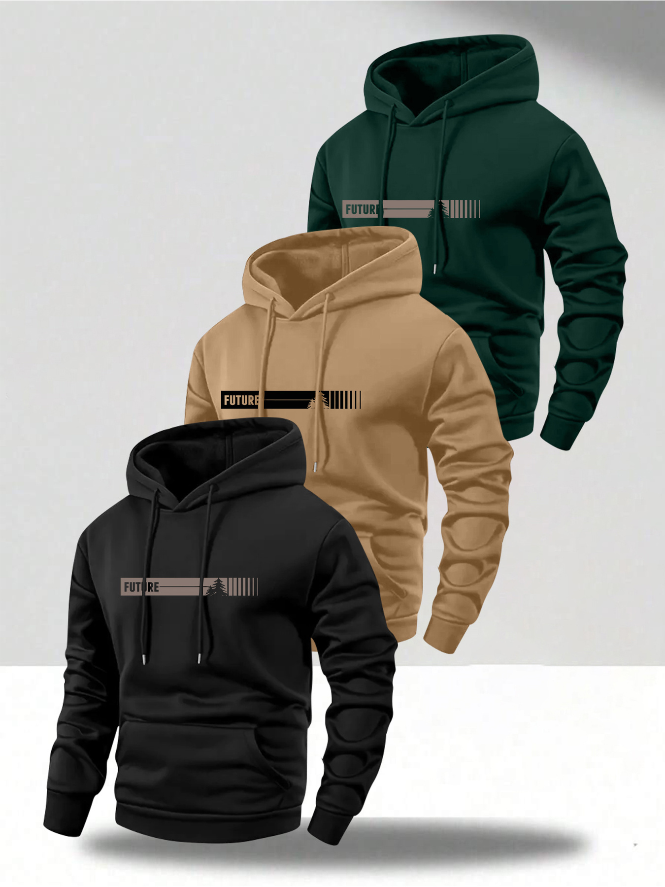 Men's 3pcs Hooded Sweatshirt Set, Long Sleeve Pullover with Kangaroo Pocket and Drawstring Hood, Graphic Print Streetwear for Gym, Jogging, Outdoor Activities, Machine Washable Casual Autumn/Winter Sportswear, Ideal for Daily Wear and Outdoor Use