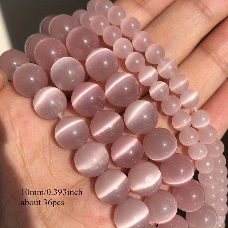 TEMU Pierres rondes d'œil de chat rose clair naturel, perles libres de haute qualité pour la fabrication de bijoux, bracelet, collier, cadeau de