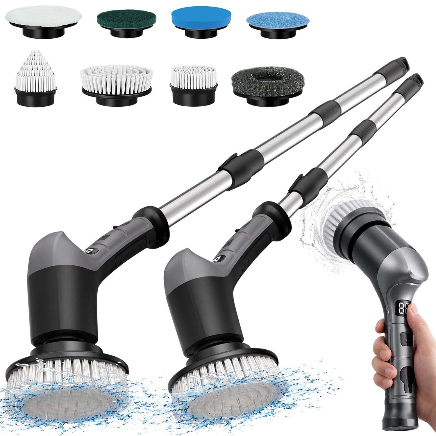 Image of Multi Scrub Brush Kit With 8 Replaceable Brush Heads And Telescopic Rod, For Bathroom Tile Grout Kitchen Floor And Car Cleaning