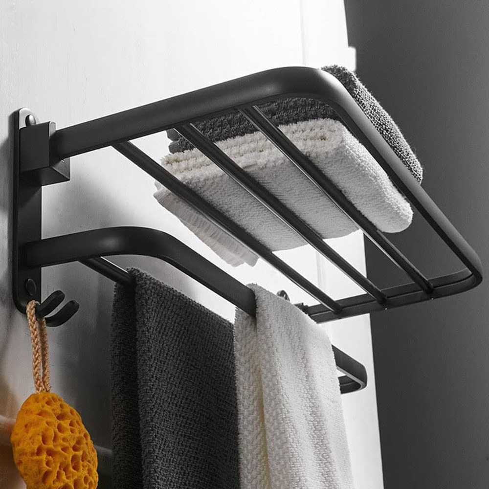 Image of Black Towel Holder, Wall-mounted Storage Shelf For Bathrooms And Hotels, No-drill Installation, Dimensions 60 X 21 X 17 Cm, Towel Racks