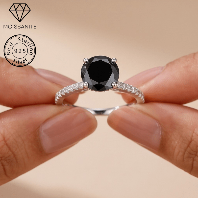 Women's 1/2/3/5 Carat Elegant Black Moissanite Four-Claw Ring in 925 Silver
