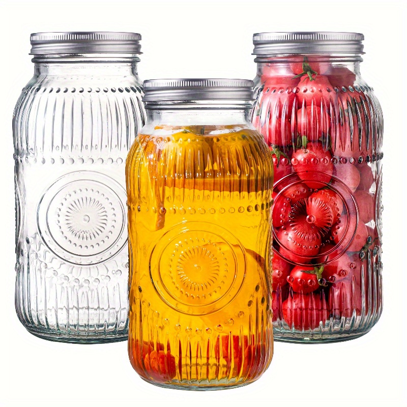 TEMU 3 Pack 64oz Vintage Mason Jars With Lids, Wide Mouth 2 Quart Canning Jar Half Gallon, Safe For Storage, Canning, Pickling, Preserving,