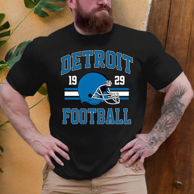 

Men's Retro Detroit Football Graphic T-shirt - Casual Tee With Helmet Design, Breathable Short Sleeves, Round Neck - Ideal For & Sports Enthusiasts