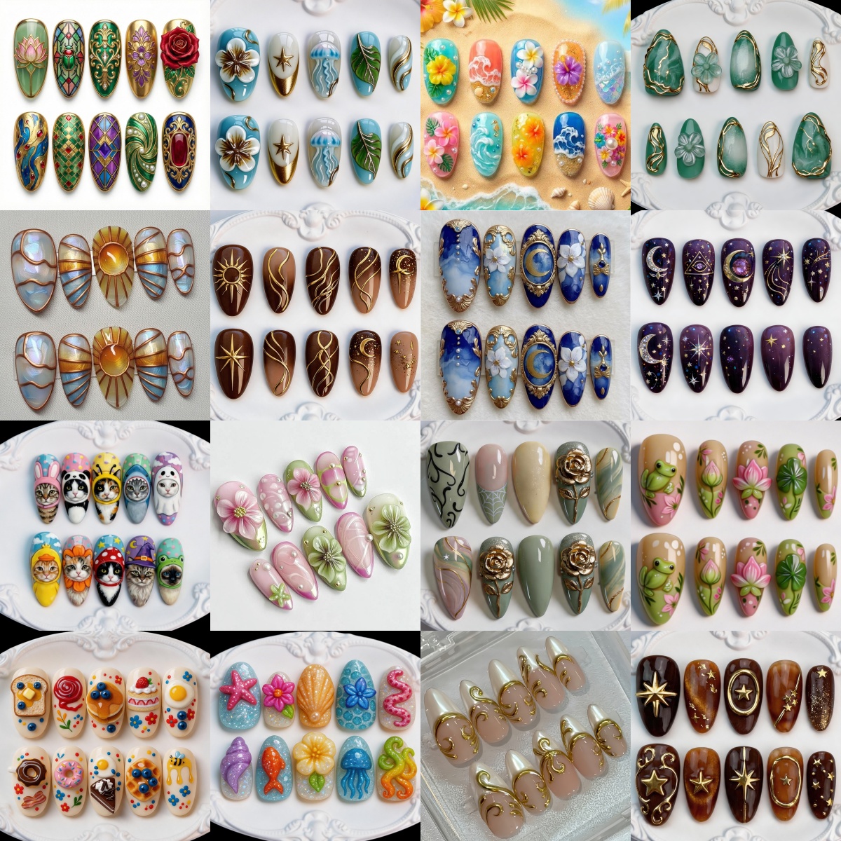 TEMU 10pcs Set Of 3d Embossed Golden-plated Press-on Nails, Assorted With Rose, Flower, Pet Animal, Starry Sky, Star, And Moon Patterns, Mixed Nail