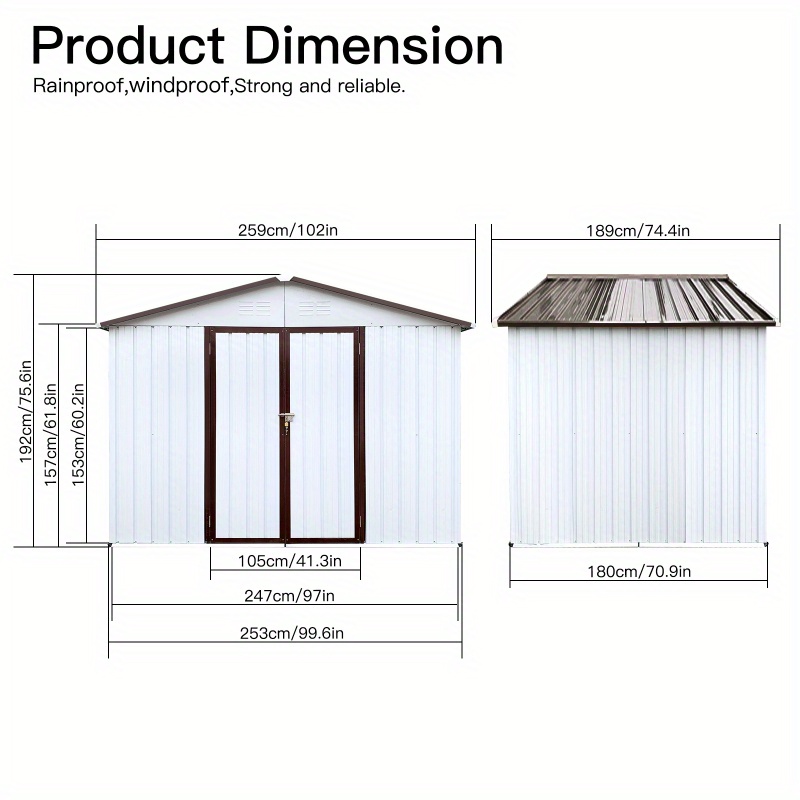 Heavy-Duty 8x6ft Metal Garden Shed with Apex Roof - Outdoor Storage building, Locking Doors, Ventilation Vents - Ideal for Backyard, Garage, Workshop - Durable Metal Construction (White+ Coffee Colors), Backyard Organization, Gable Roof Design, Weatherresistant Material, DIY Enthusiasts