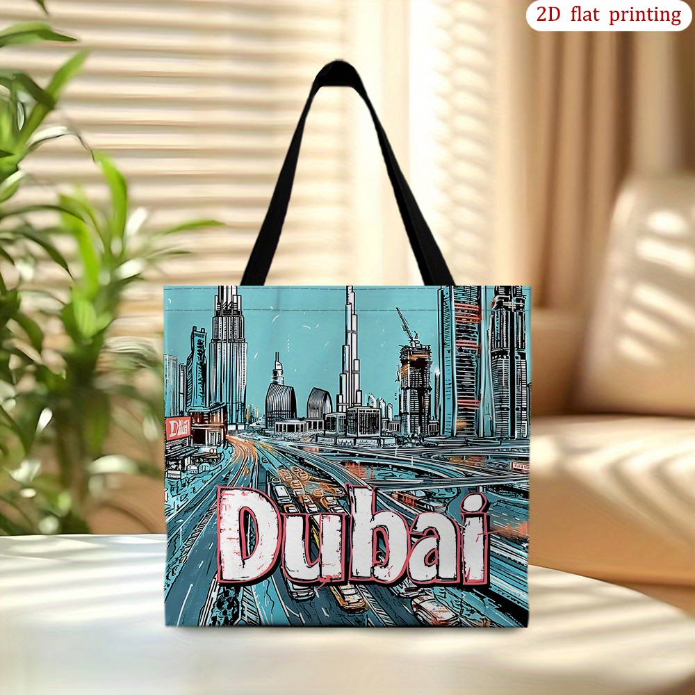 TEMU 1pc Dubai City Tote Bag With & Design - 2d Flat Printed Spacious Durable Shopping Bag, Sturdy Double Handle Casual Travel Bag For Daily ,