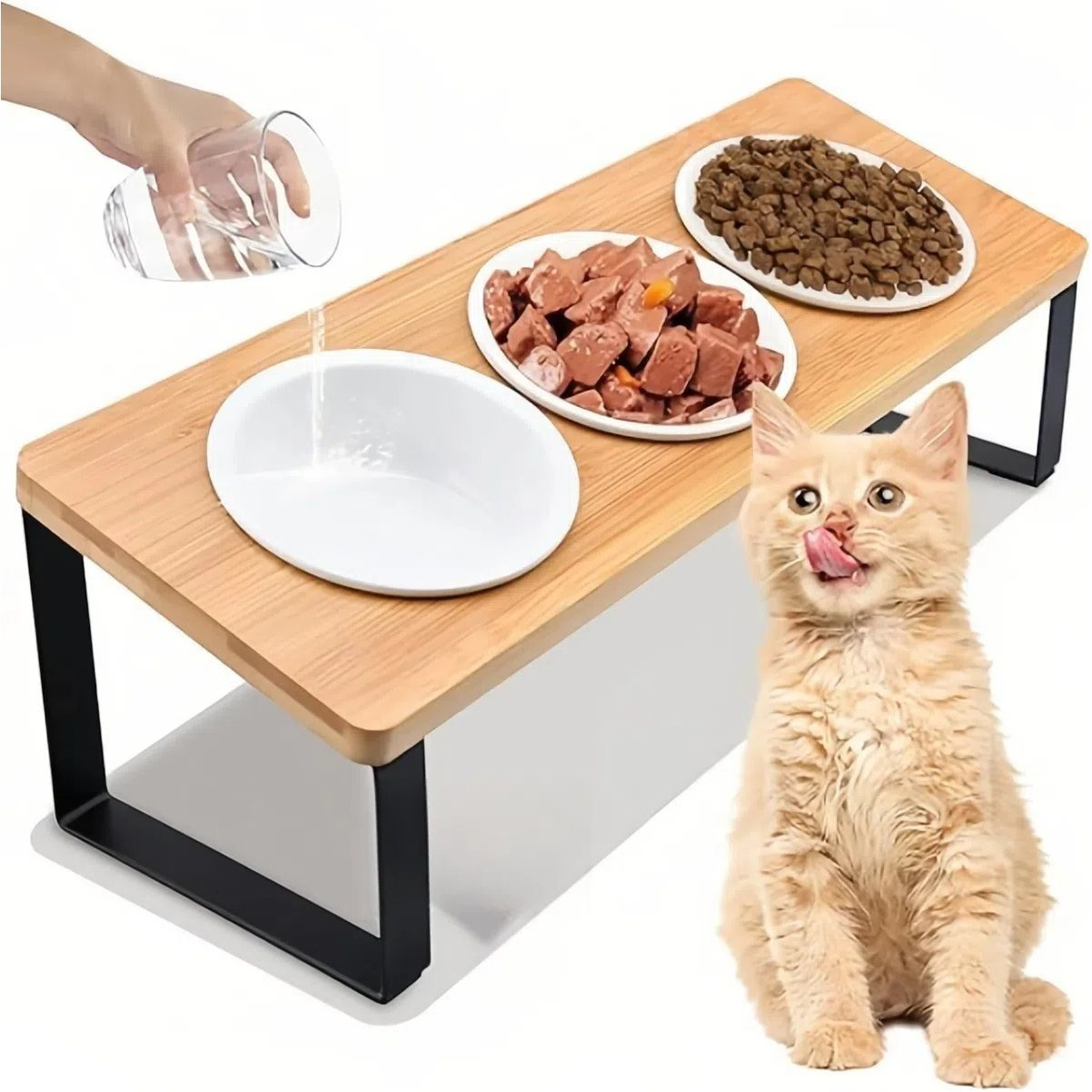 Covered Cat Food And Water Bowl, 15° High Platform Feeding Tray For Small Dogs, Equipped With 3 Ceramic Bowls