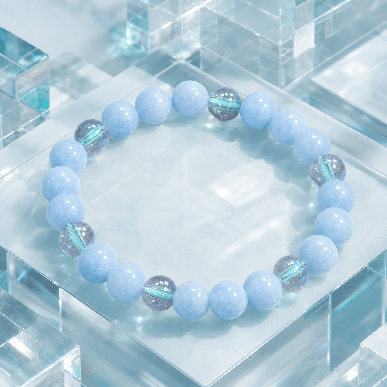 TEMU Clear Aquamarine Beaded Bracelet, Light Mint Blue, Luxury Niche Design For