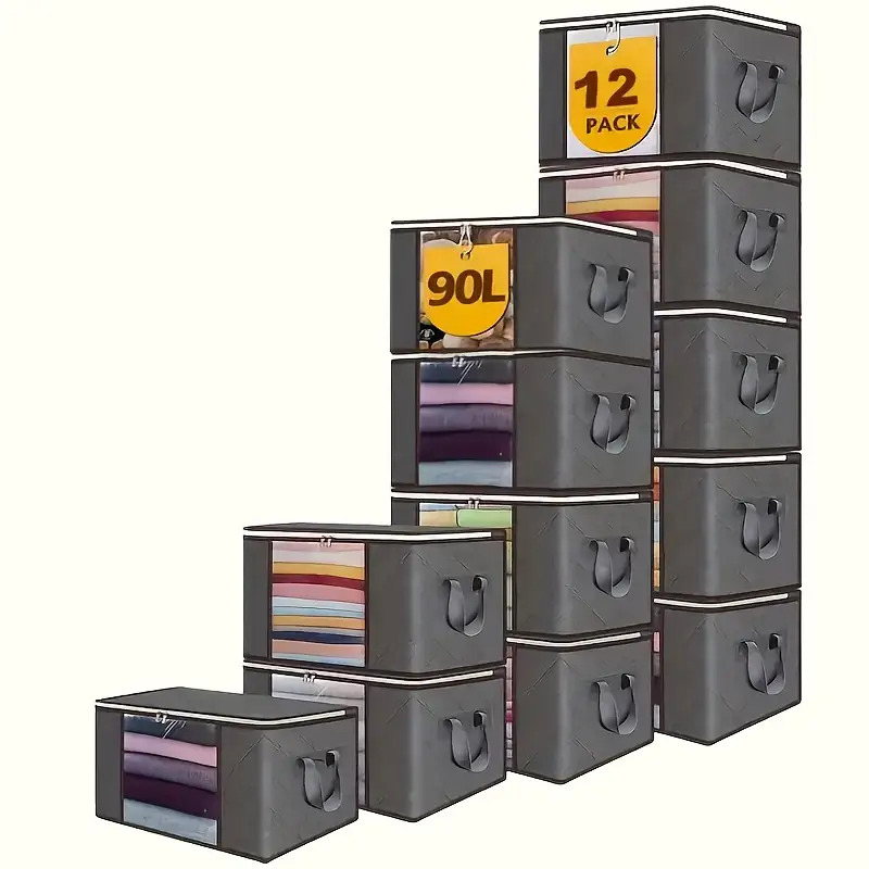 TEMU 12pcs Set Large-capacity Storage Boxes, 23.78-gallon Gray Foldable Clothes Organizing Boxes With Lids And Handles, Rectangular Polypropylene