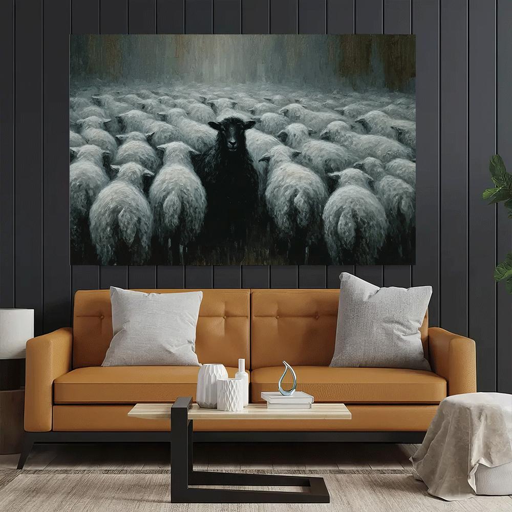 1pc Black Sheep in White Flock Canvas Art Print - Frameless Wall Decor for Living Room, Bedroom, Office, Bar, Cafe - Ideal Gift for Thanksgiving, Halloween, Christmas, New Year'S Day, Sheep Decor
