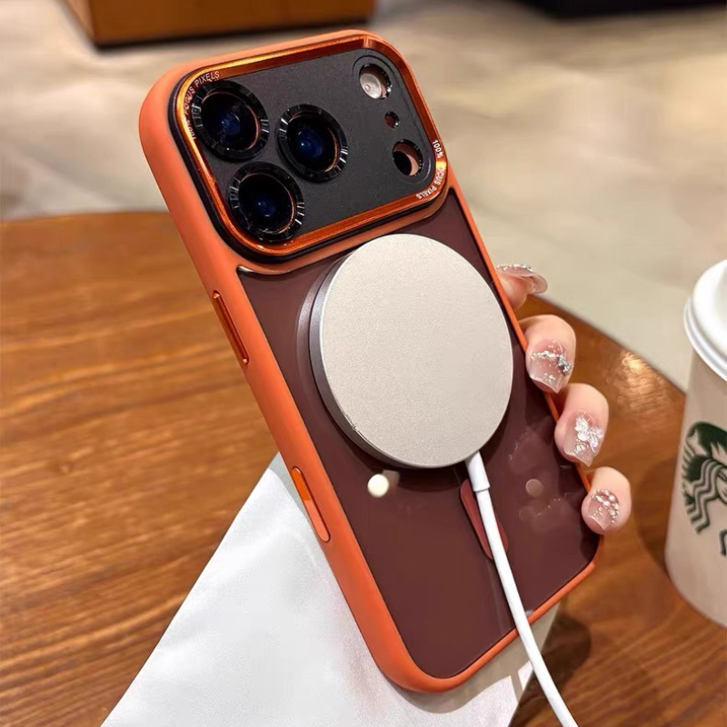 TEMU Phone Case - High-quality Orange Magnetic Black Phone Cover - Featuring Camera Shield, Fashionable Case For Iphone 17/16/15/14/13/12 Pro