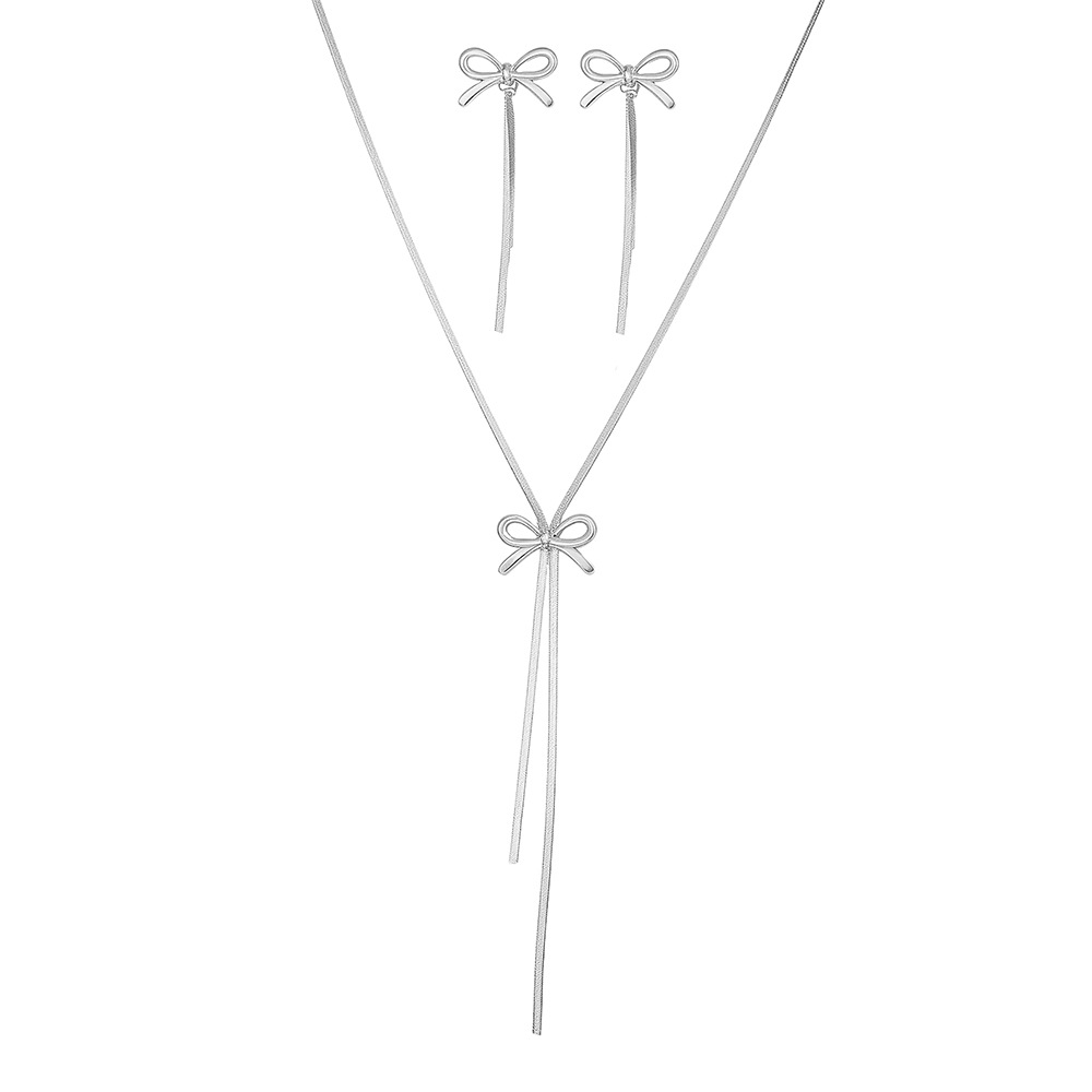 TEMU 2pcs Bow Stainless Steel Necklace And Earrings Set, Y-shaped Fringe Design, Feminine And Chic Additions, Versatile For Daily Wear