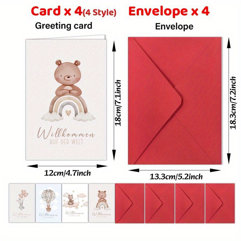 Image of 4pcs Adorable German Greeting Cards, Congratulations, Welcome Little One, Pregnancy, Congrats Gift For New Parents, With Envelopes