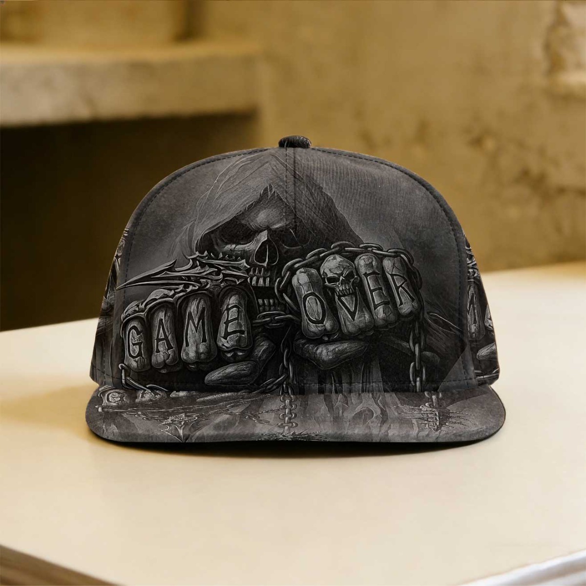 TEMU 1pc Reaper Game Over Cap With Iconic Reaper Print - Adjustable Snapback, Lightweight Flat Brim Hat Suitable For Daily Wear, Themed Parties,