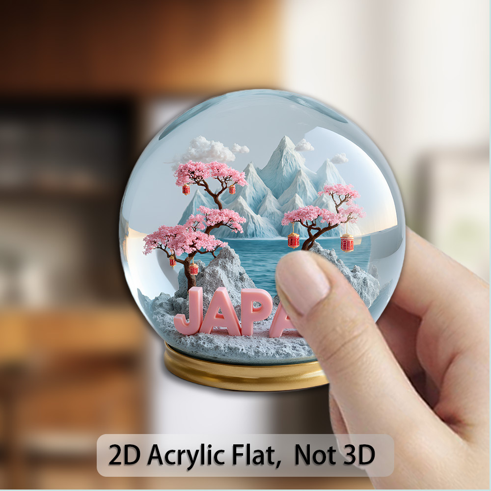 1 pieza de un imán suave plano 2D de acrílico y goma con un diseño de globo de nieve atrapante de Japón, que muestra una escena tranquila de montaña y flor de cerezo adornada con faroles rojos. Ideal para entusiastas de los viajes y coleccionistas