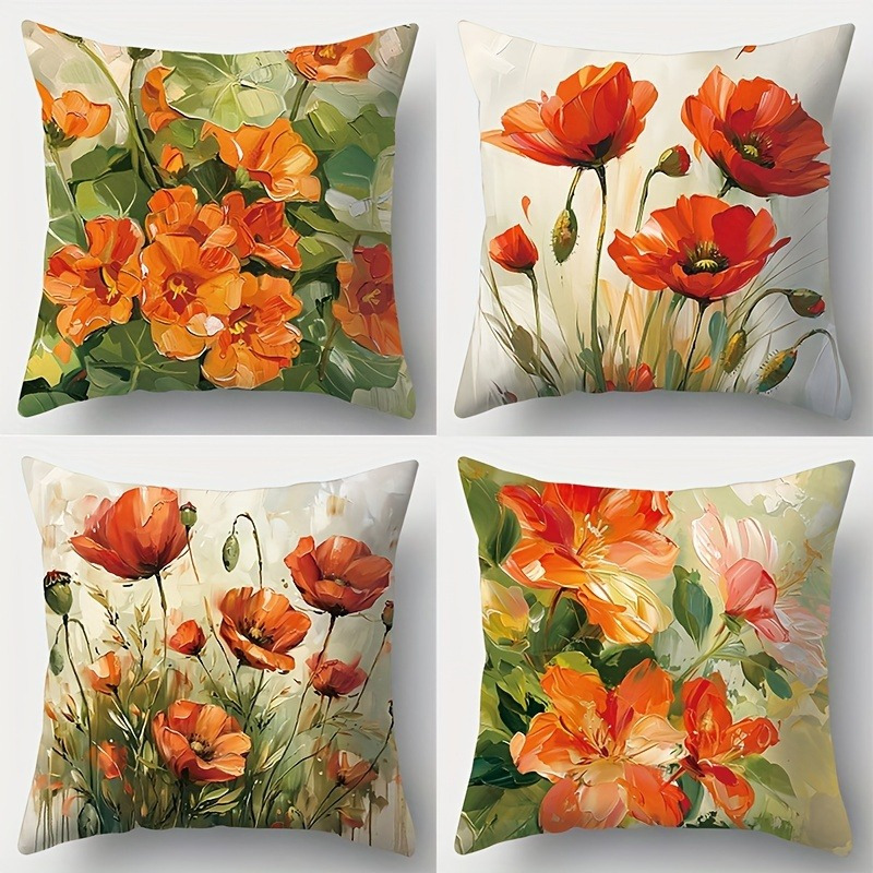 TEMU 4pcs Oil Painting Style Floral Pattern Pillow Cover, 17.72 Inch Square, Soft Polyester Fiber, Zipper Closure - For Living Room And Office