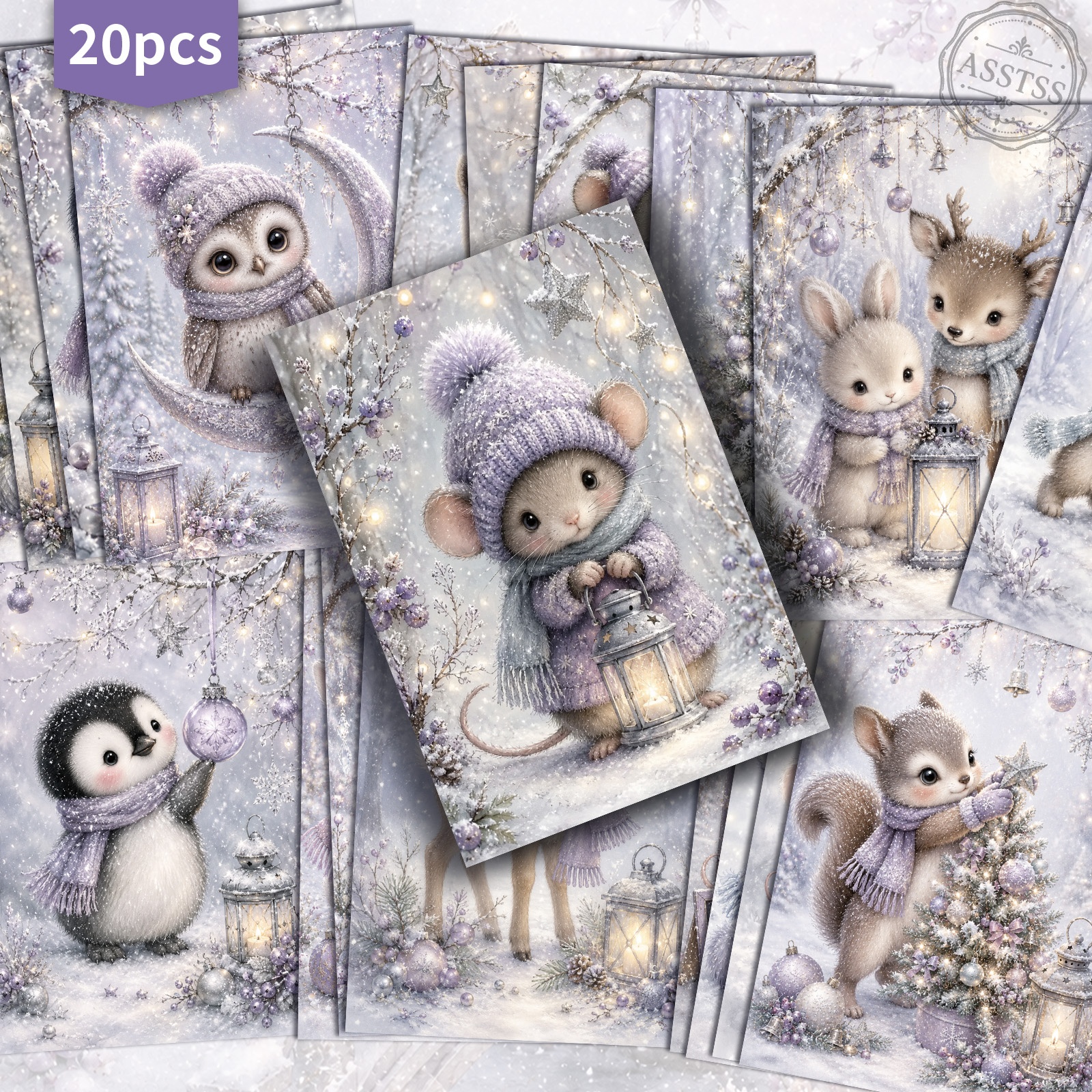 TEMU 20-pack Asstss Vintage Purple Christmas Animals Postcards - 4x6 Inches Retro Junk Journal Supplies, Classic Pinup Illustrations Collectible