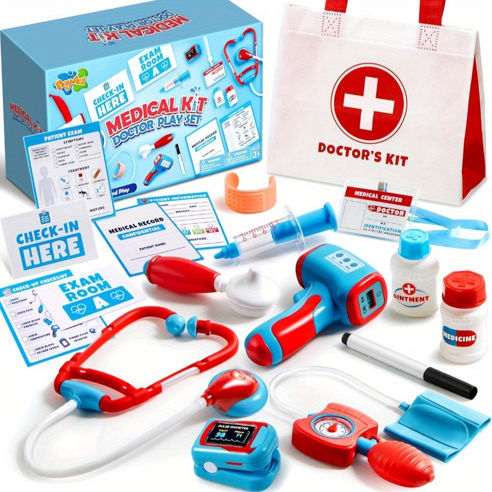 TEMU Kids Doctor Kit, 16pcs Pretend Play Medical Kit With Bag, Doctor Role Play Set With Realistic Toy Stethoscope, Reusable Record Cards, Dress Up