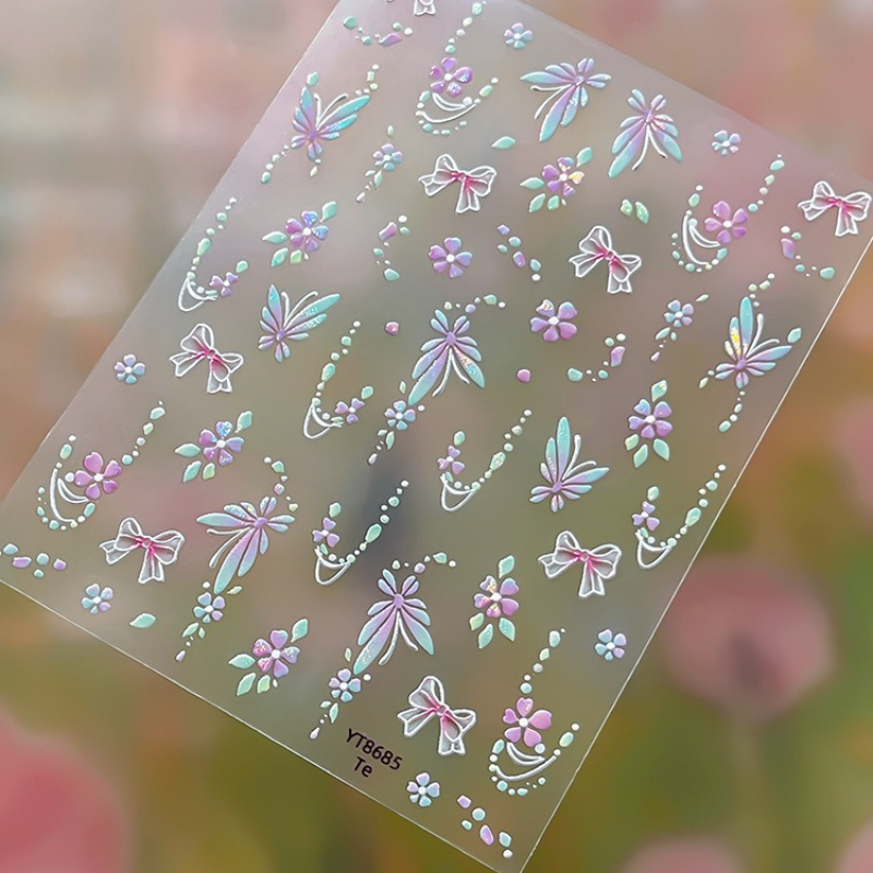 1pc Shell Glowing Rainbow Gradient - Nail Decal, Pink With A Gentle Charm, Bow, Lines, Flowers, Design, Beautiful And Nail Accessory