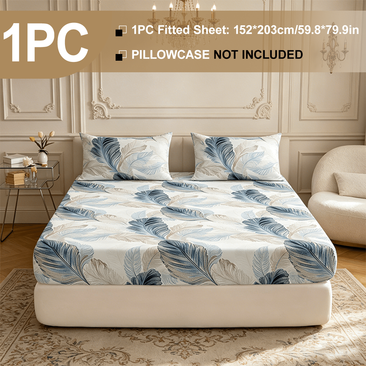 TEMU 1pc Blue-gray Large Feather Print Single Fitted Sheet, High-elasticity Elastic Anti-slip Mattress Protector, Does Not Include Pillowcases Or