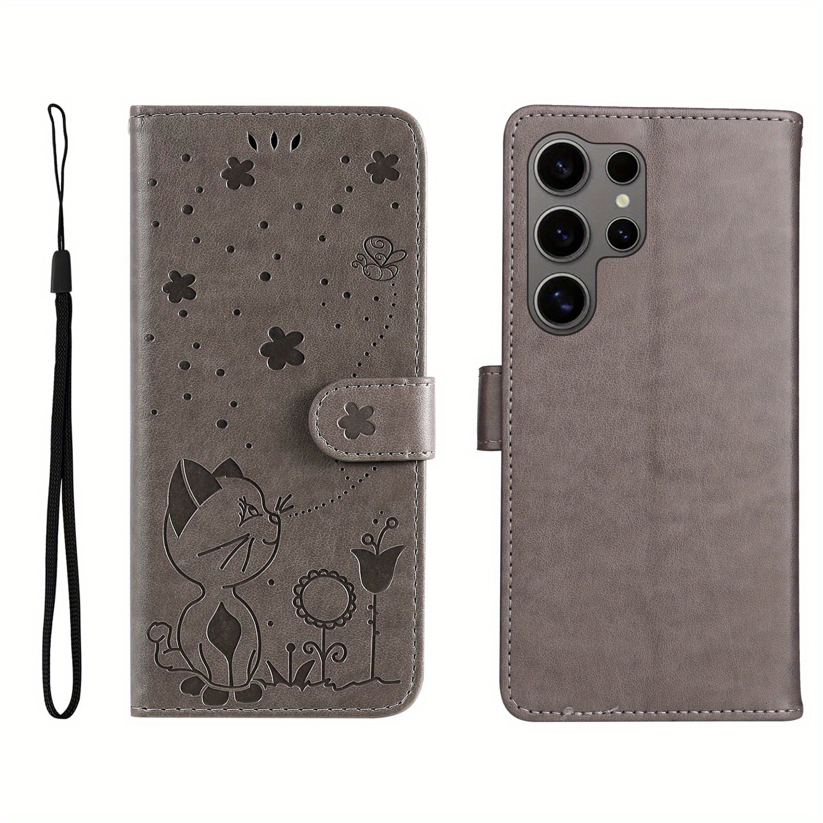 TEMU Phone Case: Gray Embossed Cat And Bee Faux Leather Beautiful Phone Case, Fashionable Minimalist Creative Print Phone Cover With Stand And Wallet