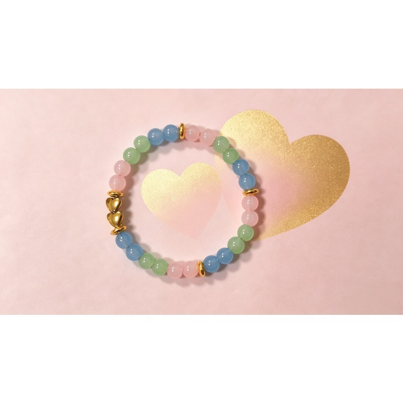 Macaron 3-Color Round Bead Bracelet, Heart-Adorned