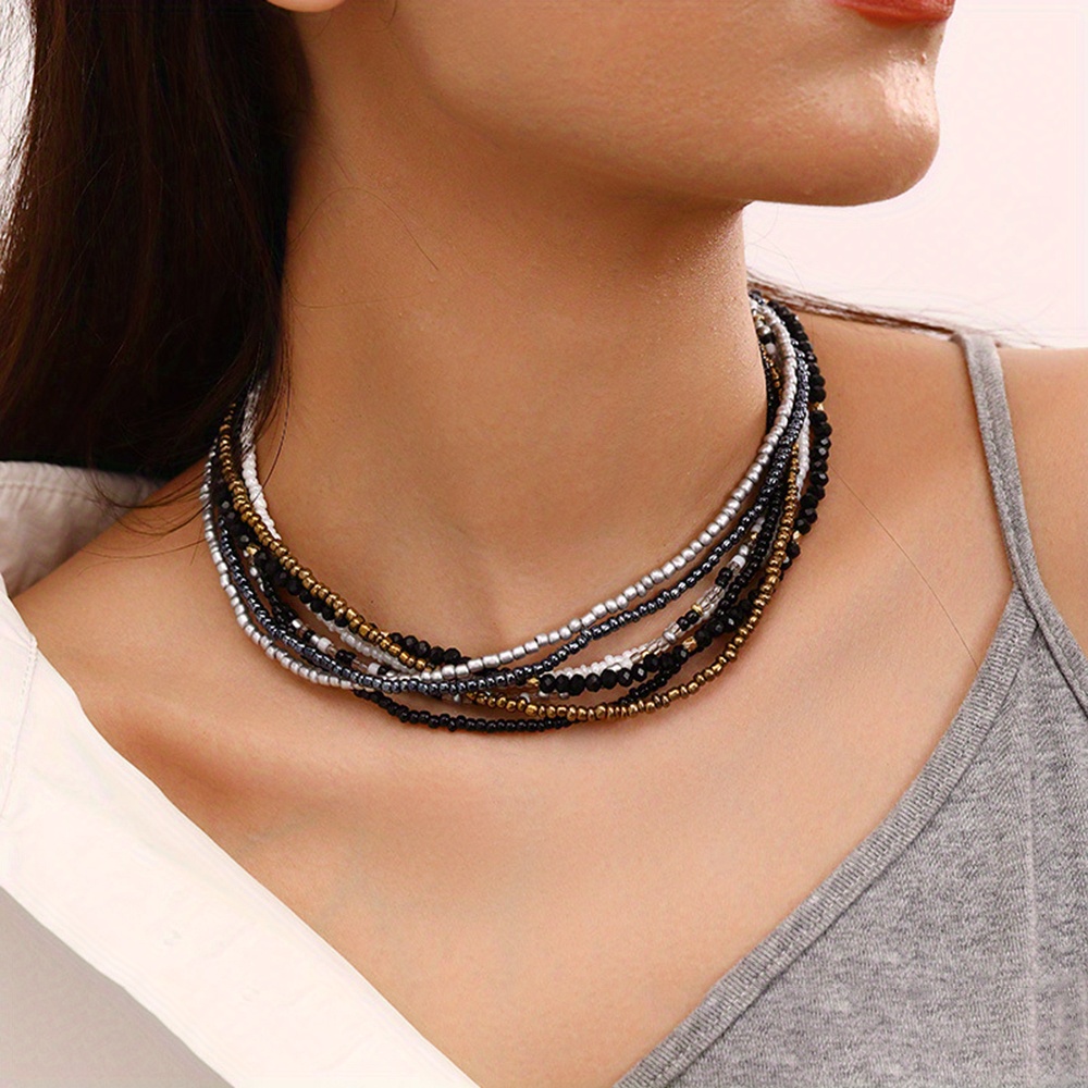 E-shop 7-tlg., Damen Mode Choker Halskette, Vintage Bohemian Stil Schwarz und Perlen Schichtige Kragenketten für Sommer Freizeit Urlaub Coole Bunte