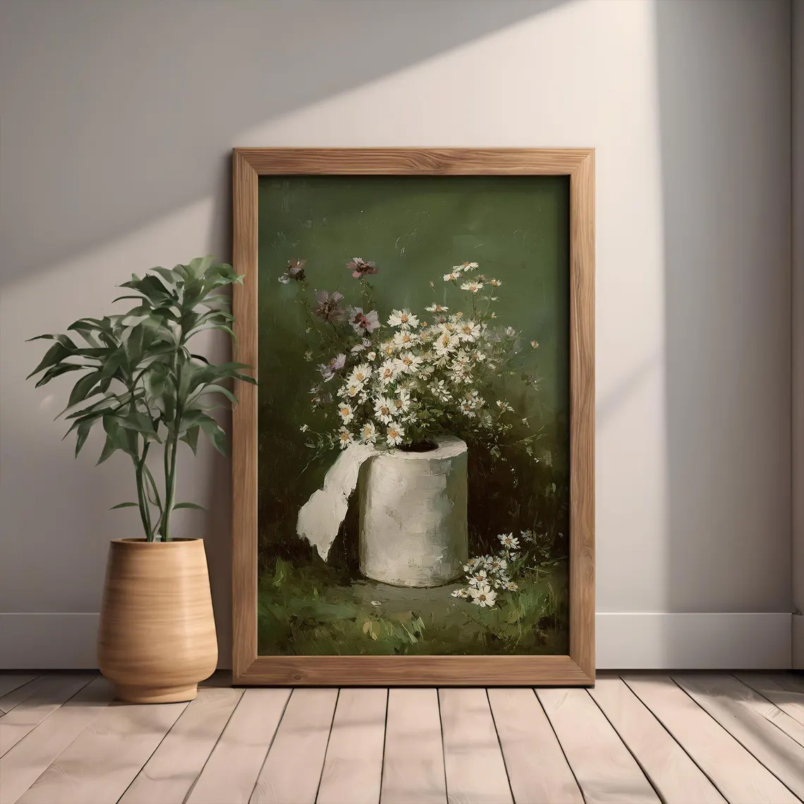 TEMU 2d Flat, 1pc, Wall Decoration, Vintage Poster, Sage Green Floral Toilet Paper Vase Pattern, Fun Bathroom Art, Suitable For Bathroom And Toilet