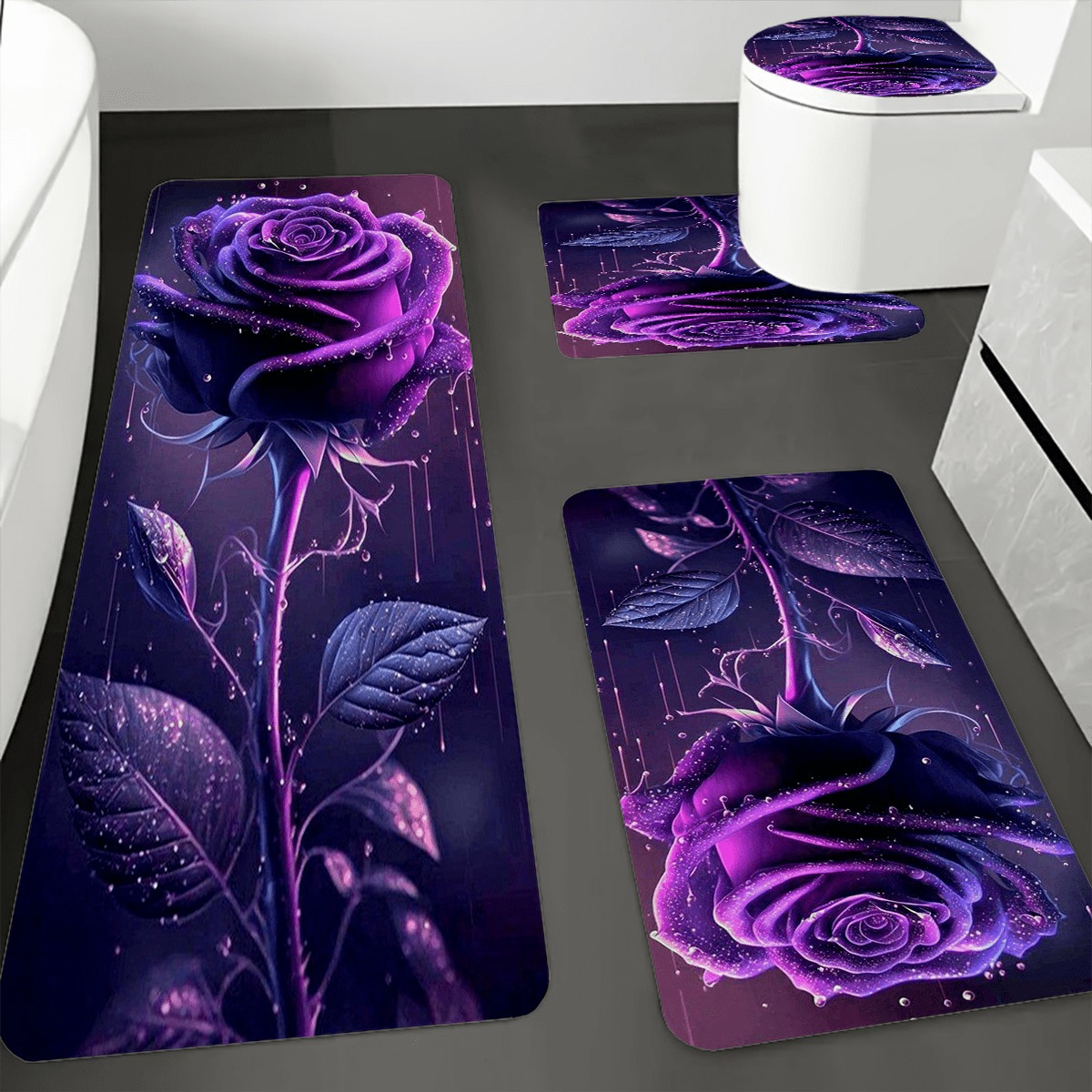 TEMU 4pcs Purple Rose Bath Mat Set - Non-slip Flannel Rugs, Rug Set, Soft And Comfortable, Elegant , Black Background, Includes Toilet Mat, Perfect