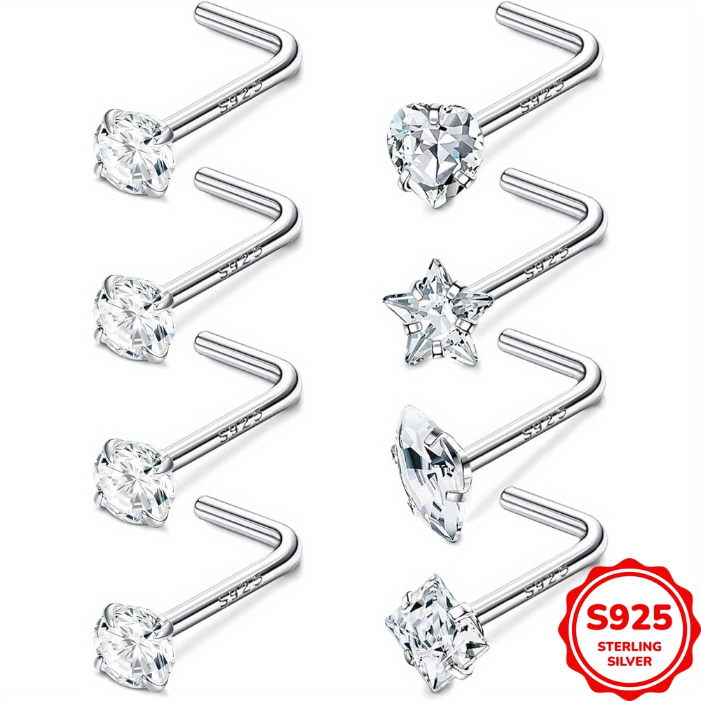 Image of 8pcs Sterling Silver Nose Rings Studs For Women Men Star Marquise Round Shaped Nose Stud L Shape Nose Ring Body Piercing Jewelry 1.6g/0.06oz