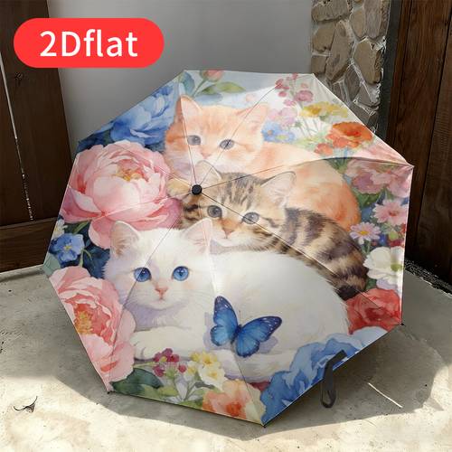 item picture a cute cat and flower folding umbrella exquisite watercolor print design of cats and colorful flowers using a durable canopy durable plastic and iron materials suitable for travel commutes casual daily use and a holiday gift for cat lovers