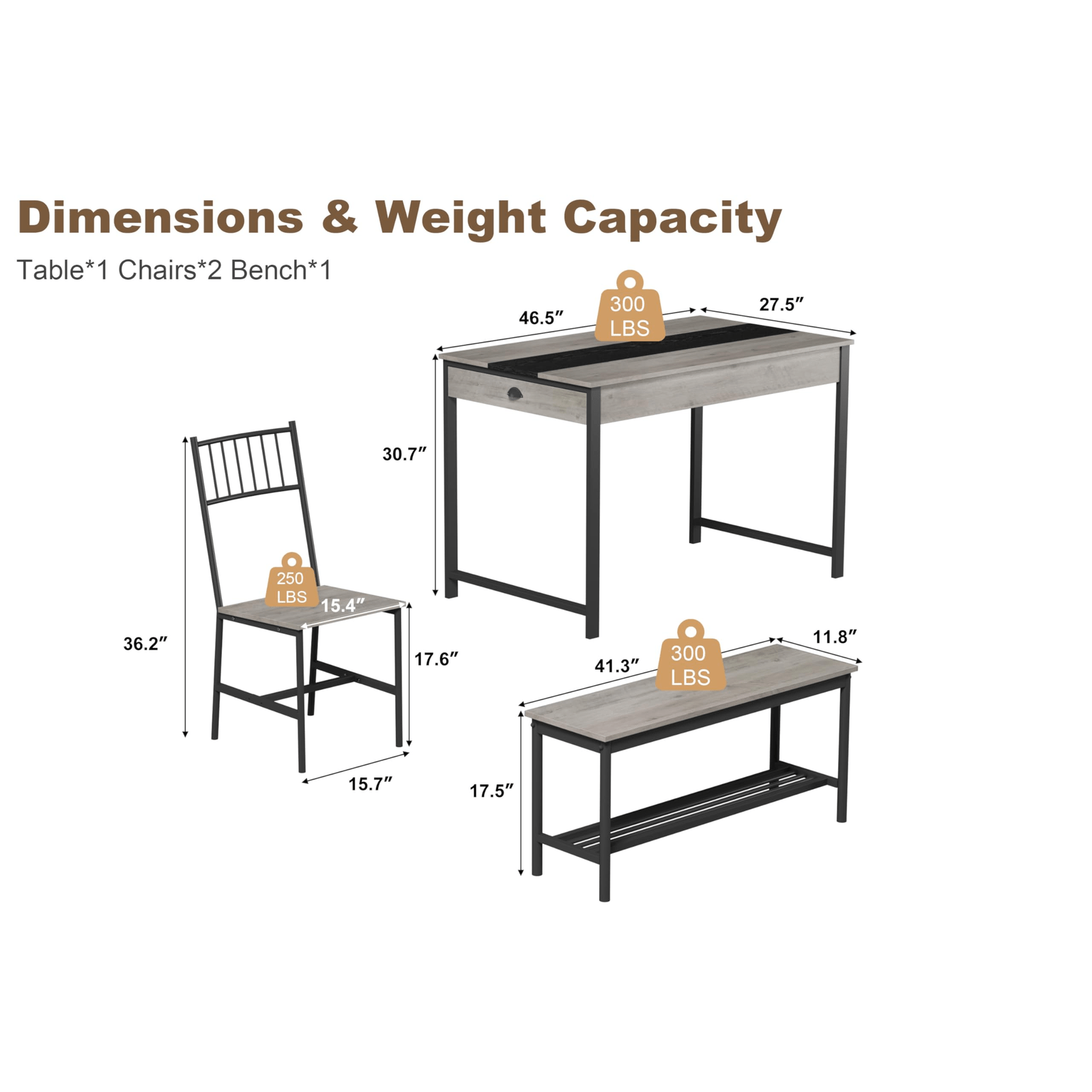 GarveeHome Dining Table Set for 4, Small Kitchen Table and 2 Chairs for 4 with Bench, Space Saving Kitchen Table Set with Storage Rack & Drawers, Breakfast Nook Rectangular Farmhouse Table Set, Grey