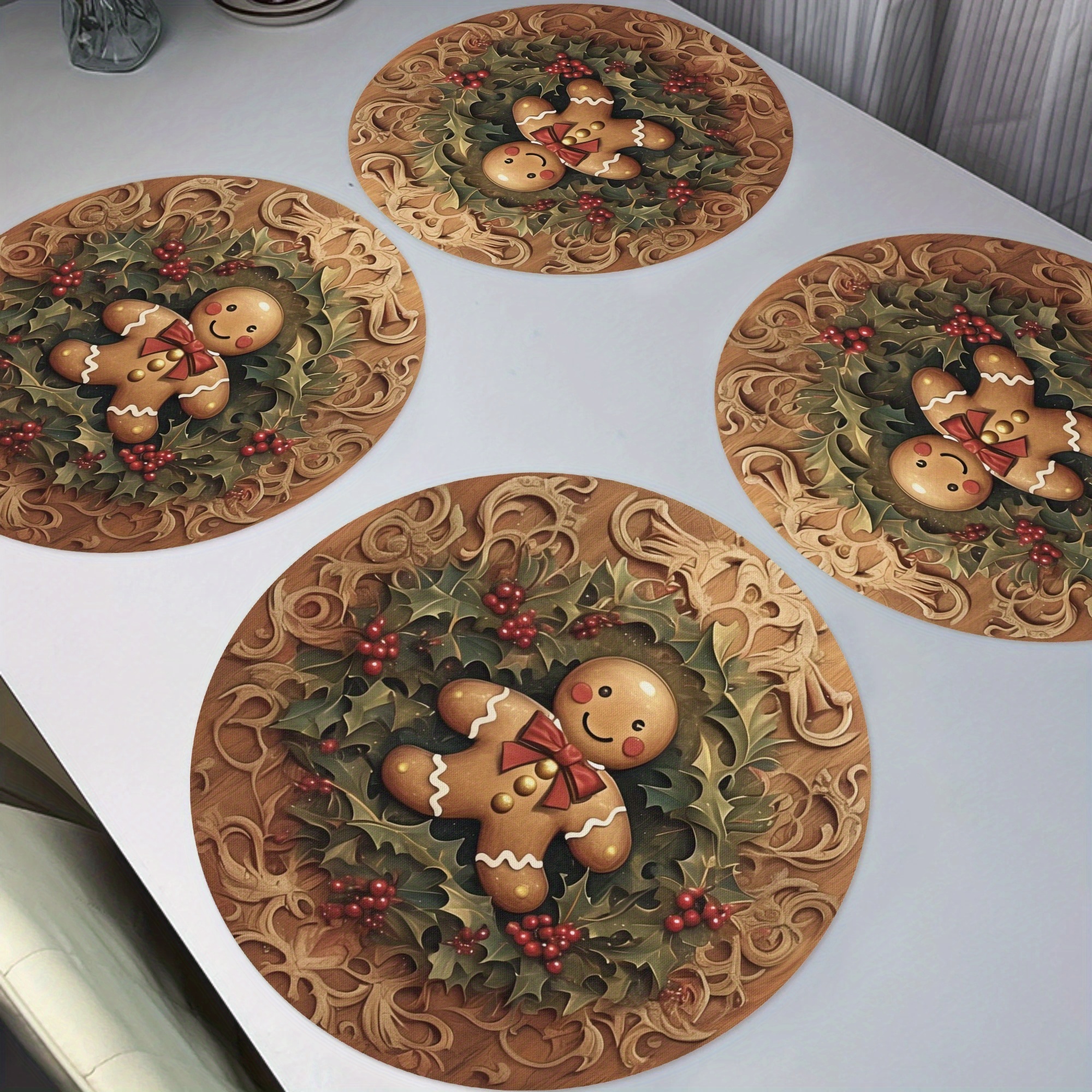 

4- Christmas Man Placemats - 15" Round Polyester Table , , , For , , , Dining Decor