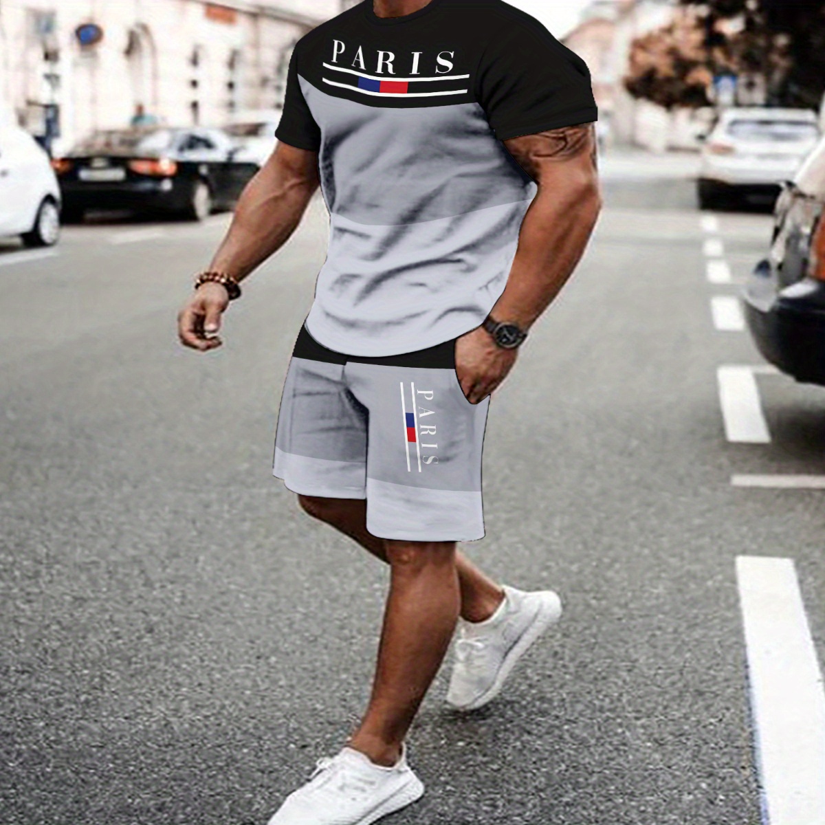 

1 Set Men's Casual Sportswear - Breathable Polyester Knit Fabric, Slight Stretch, Crew Neck T-shirt And Shorts, 3d , Summer Outfit