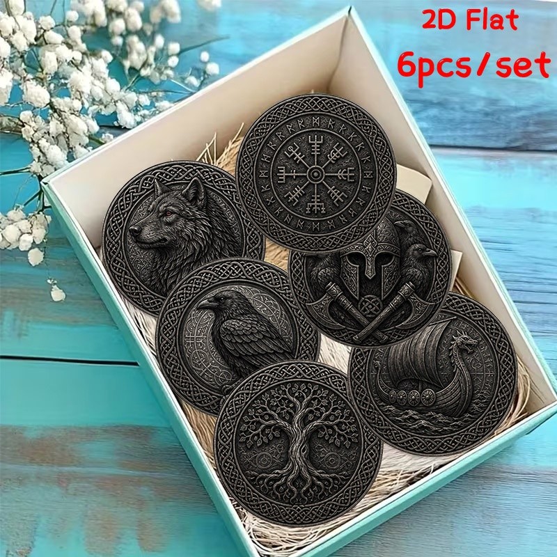TEMU 2d Flat Printed Wooden Coasters 6-pack, Featuring Intricate Celtic Knot Wolf And Detail, Suitable For Home And Office Decor, Ideal Gift For