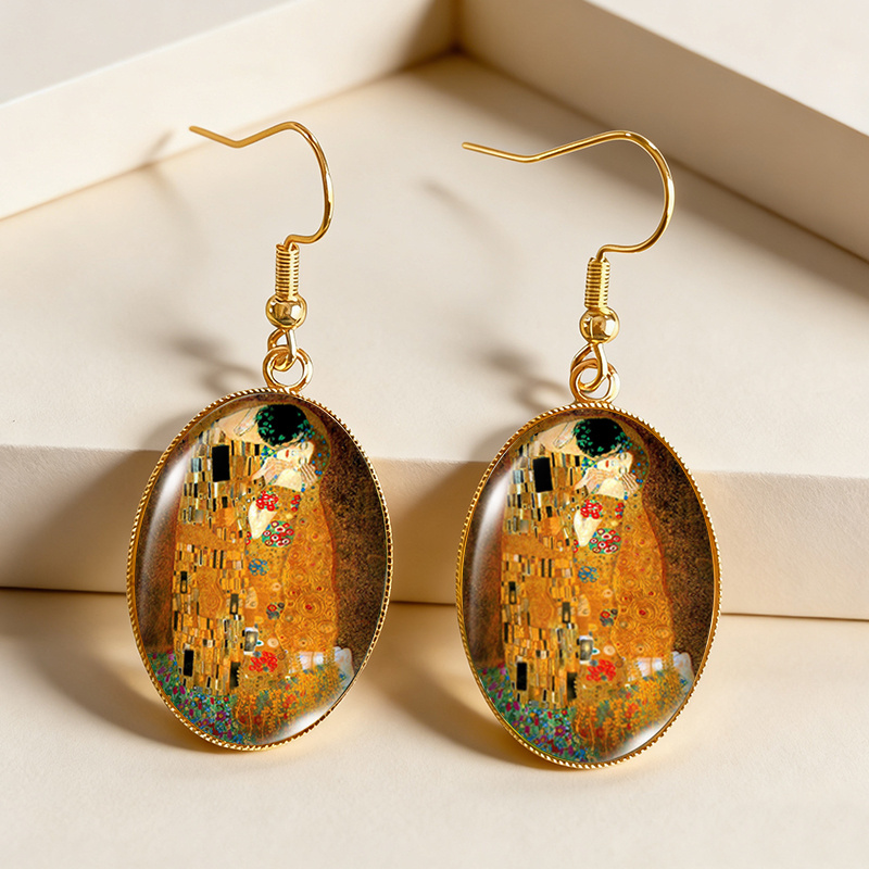 TEMU 1 Paire de Boucles d'Oreilles Klimt, Boucles d'Oreilles Pendantes Ovales Dorées, Bijoux Tendance en de Verre, Pile
