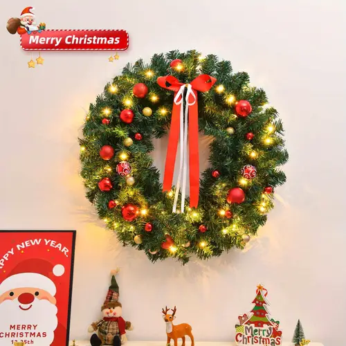 24in pre lit christmas wreath lighted xmas wreath with 50 warm lights and 14 diy ornaments battery powered for front door gate wall xmas party decorations